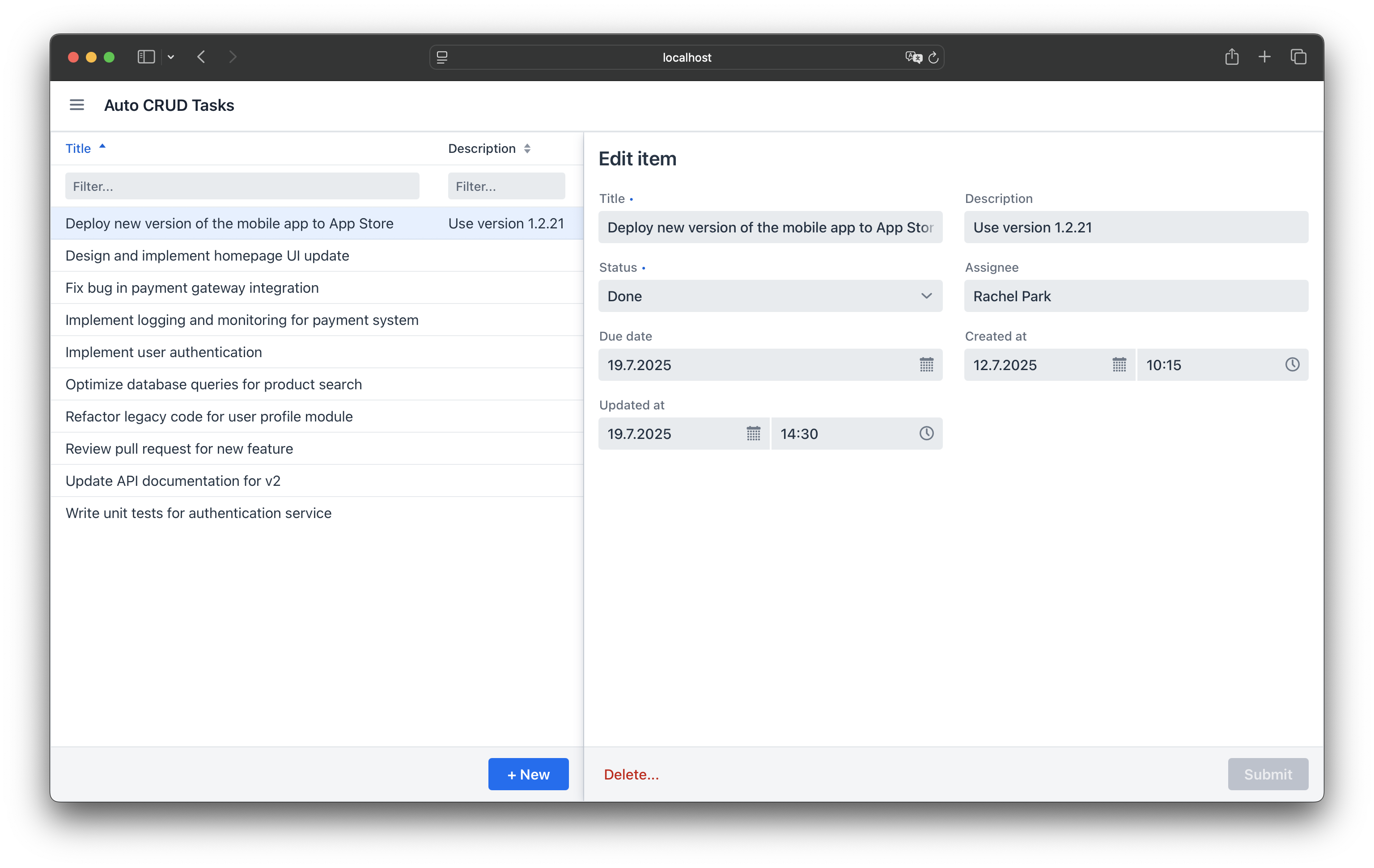 AutoCrud Tasks Detail