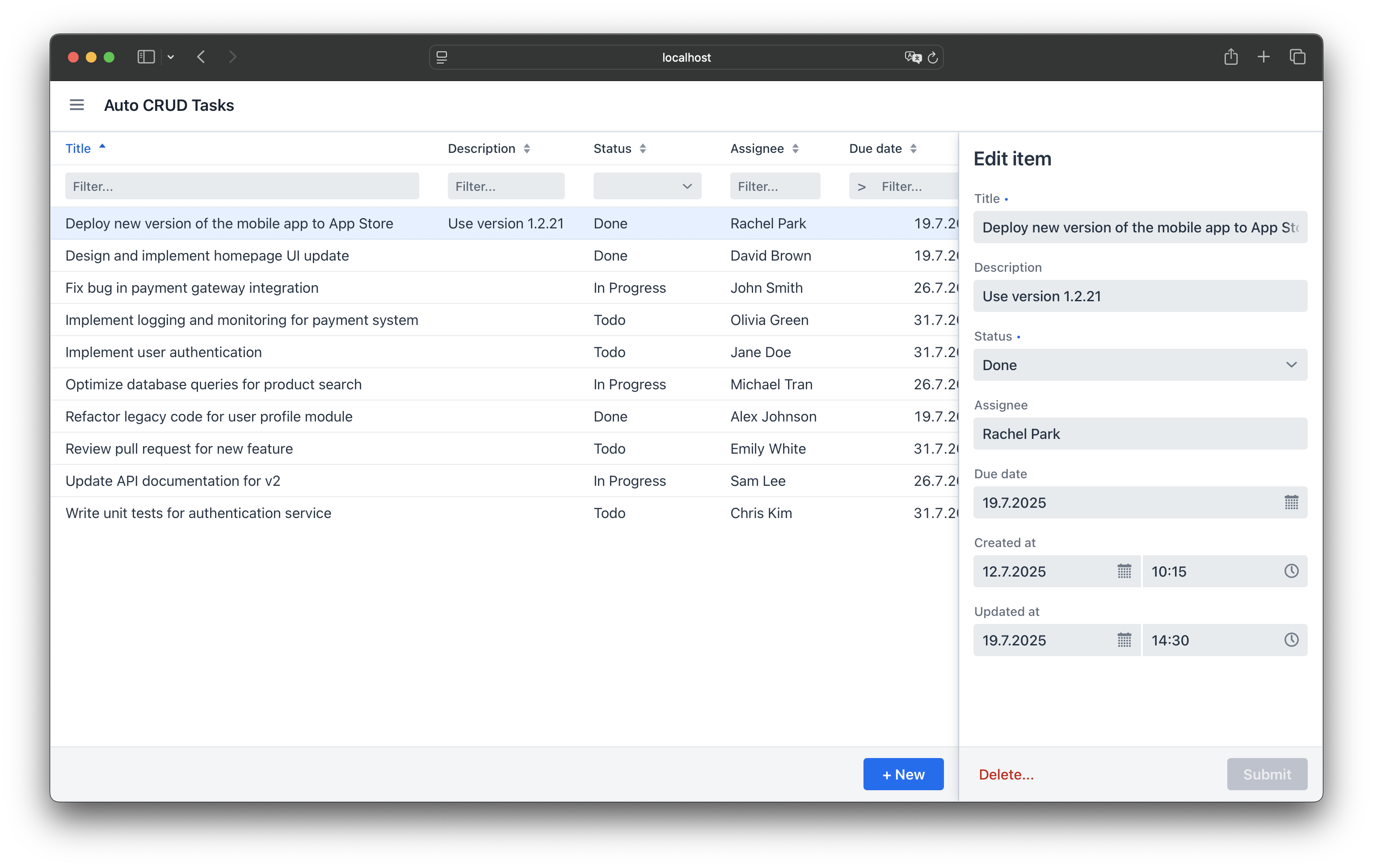 AutoCrud Tasks